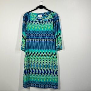 DONNA MORGAN Women’s Size 10 Geometric Blue Green Dress Bell Sleeve